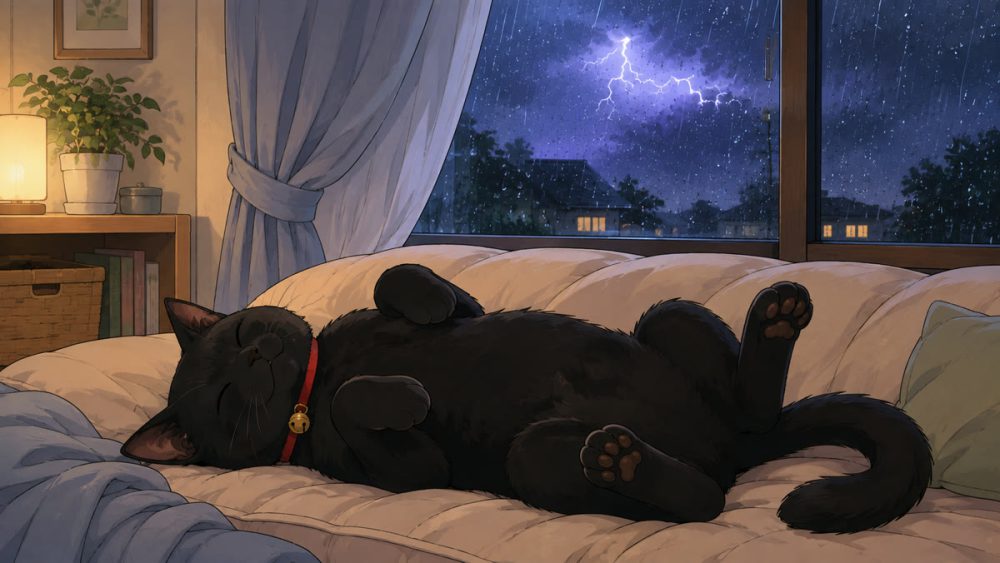 雷の夜でも気にせず眠る黒猫