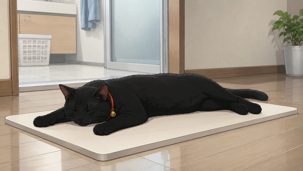 白いマットの上で涼む黒猫