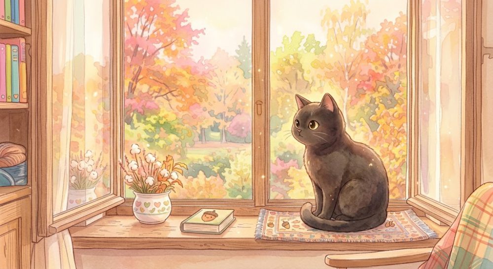紅葉の見える窓辺にすわって外をながめる黒猫