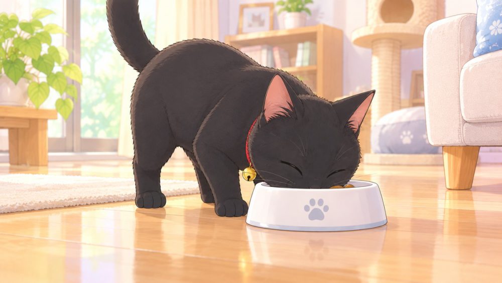 夢中でカリカリを食べる黒猫