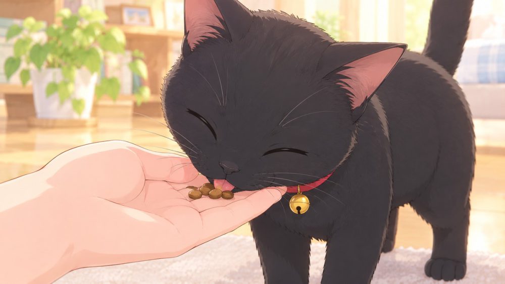 飼い主の手のひらからカリカリを食べる黒猫