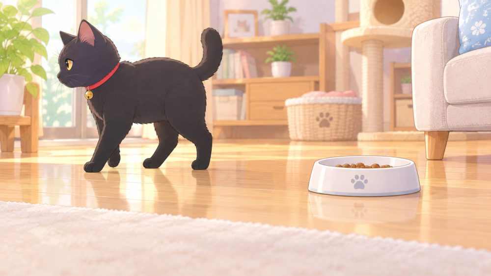 お皿にカリカリを残して歩き出す黒猫