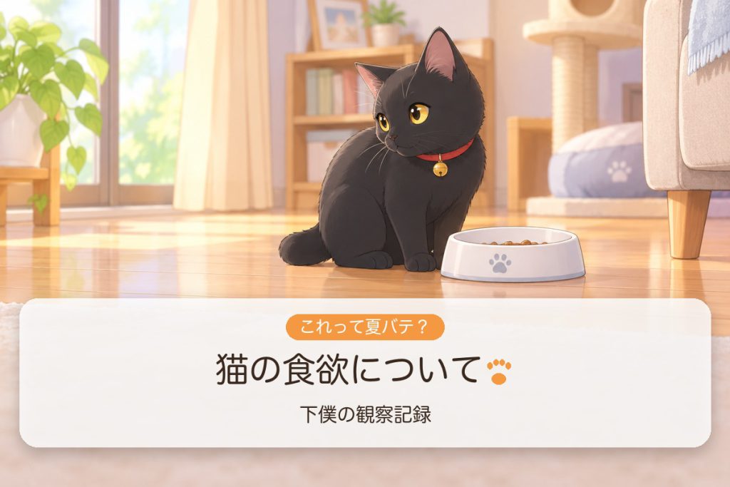 ごはんのお皿の前に座る黒猫