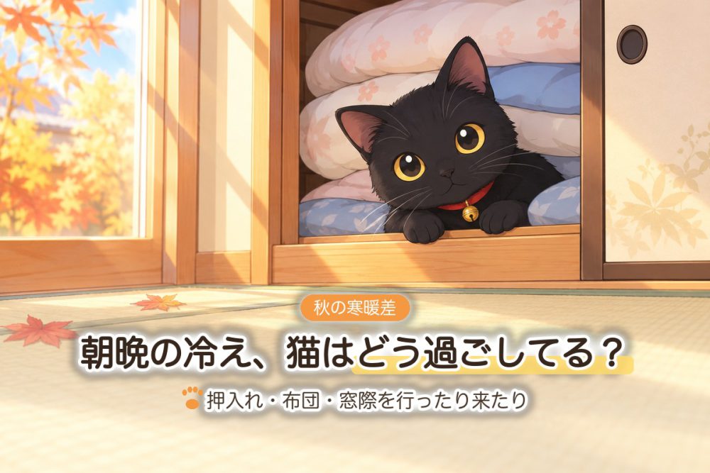 押入れの布団から顔を出す黒猫と、秋の寒暖差の記事タイトル