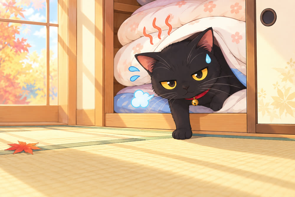 押入れの布団の中から暑そうな顔で出てくる黒猫