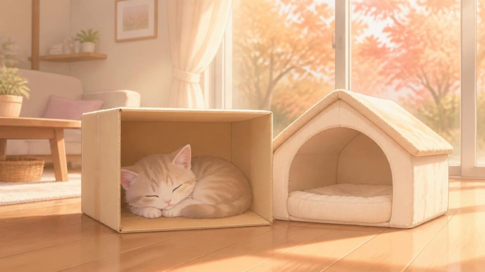 段ボール箱の中で眠る子猫と、となりに置かれた屋根つきの猫ベッド