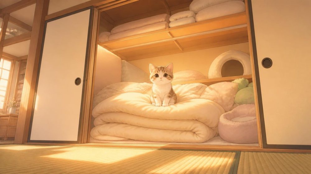 開いた押し入れの布団の上にすわってこちらを見上げる子猫