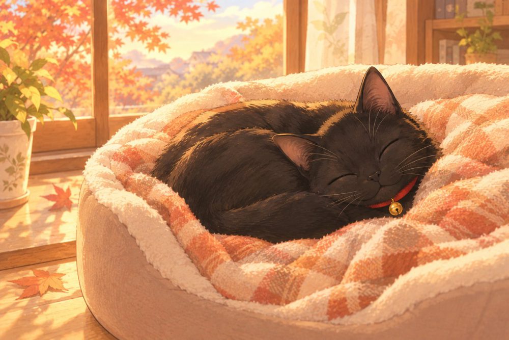 日の当たる窓辺の猫ベッドで丸くなって眠る黒猫のイラスト