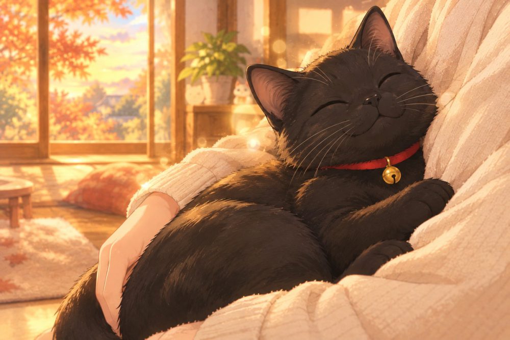 飼い主に抱っこされて目を細める黒猫のイラスト