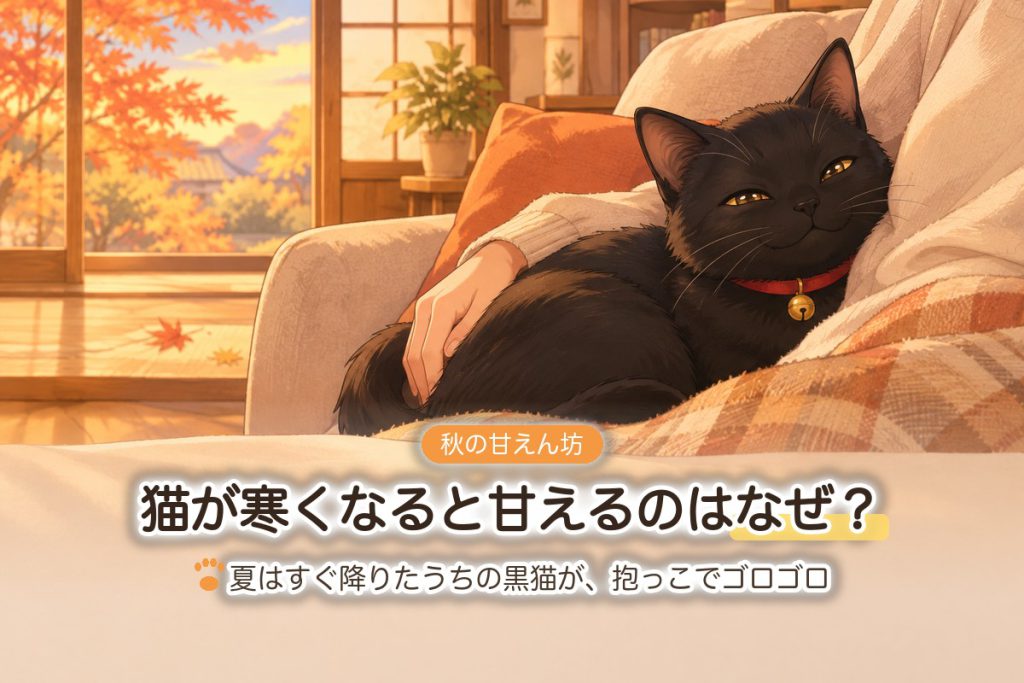 猫が寒くなると甘えるのはなぜ？ソファで飼い主にくっつく黒猫のイラスト