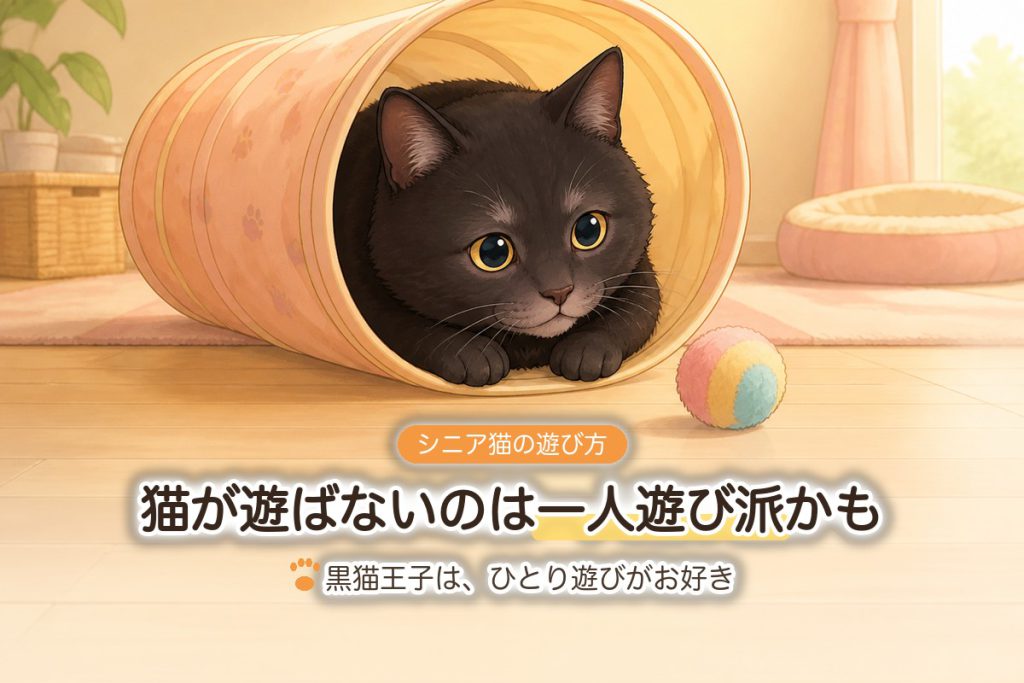 トンネルから顔を出してボールを見ている黒猫のイラスト