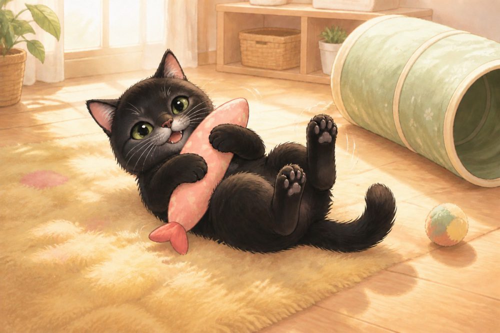 あおむけでけりぐるみを抱えて遊ぶ黒猫のイラスト