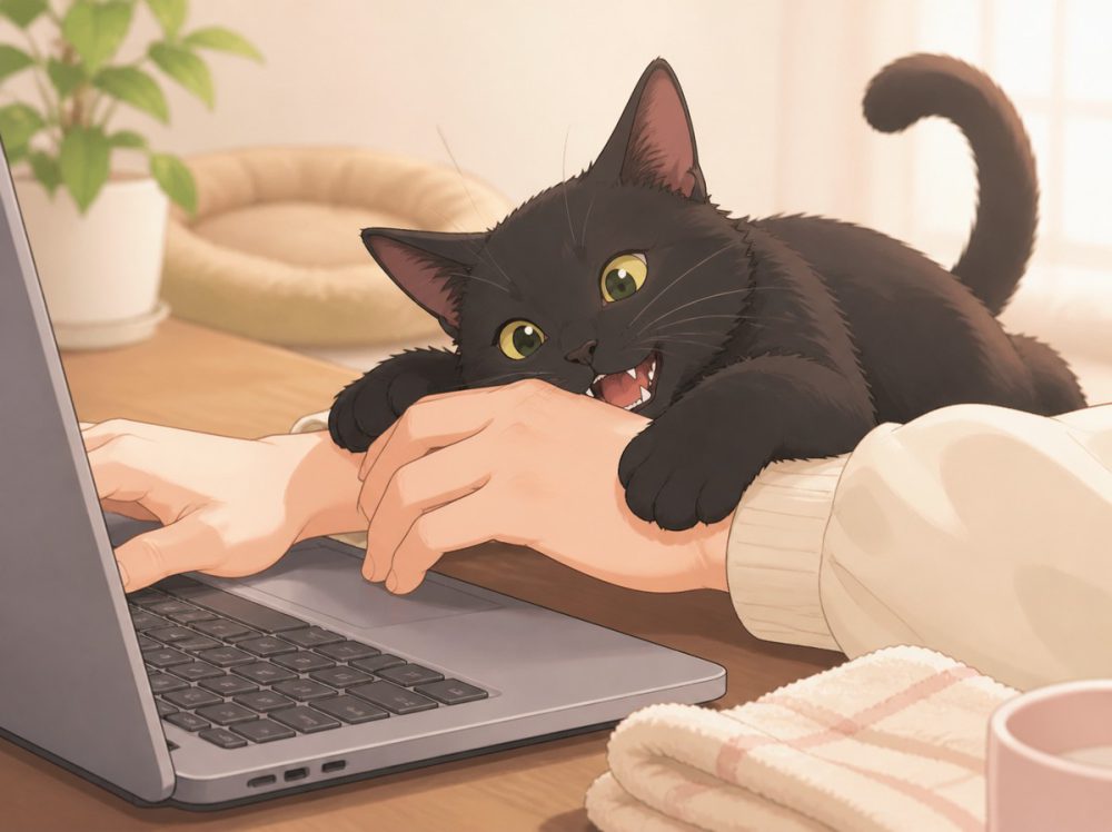 パソコン作業中の飼い主の手に甘噛みしてじゃれる黒猫のイラスト
