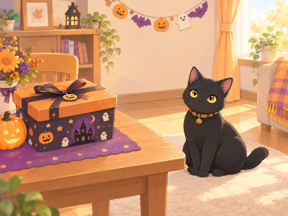 ハロウィン柄の箱が置かれたテーブルと黒猫のイラスト