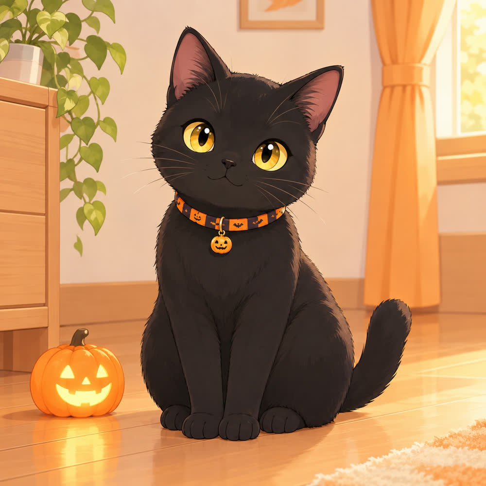 かぼちゃ柄の首輪をつけた黒猫のイラスト