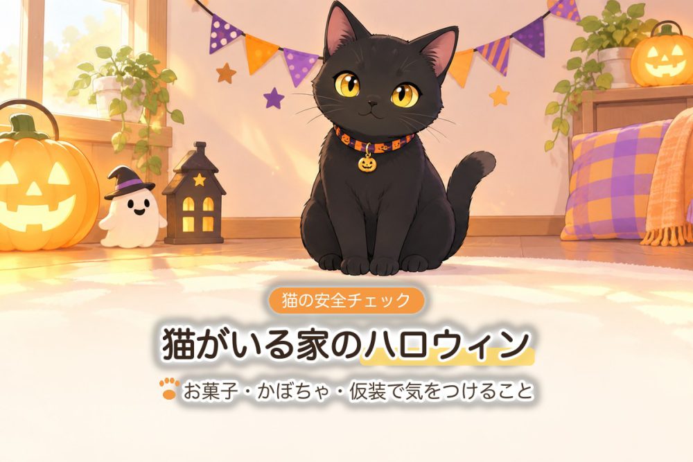 ハロウィンの飾りの前にすわる黒猫