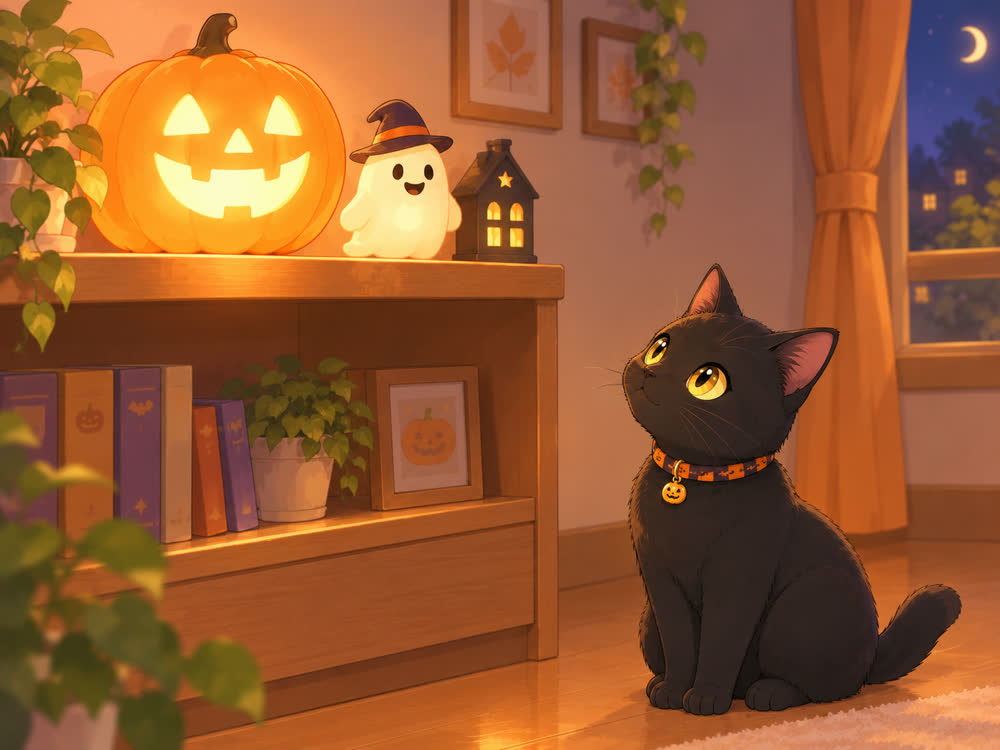 光るかぼちゃとおばけの飾りを見上げる黒猫のイラスト