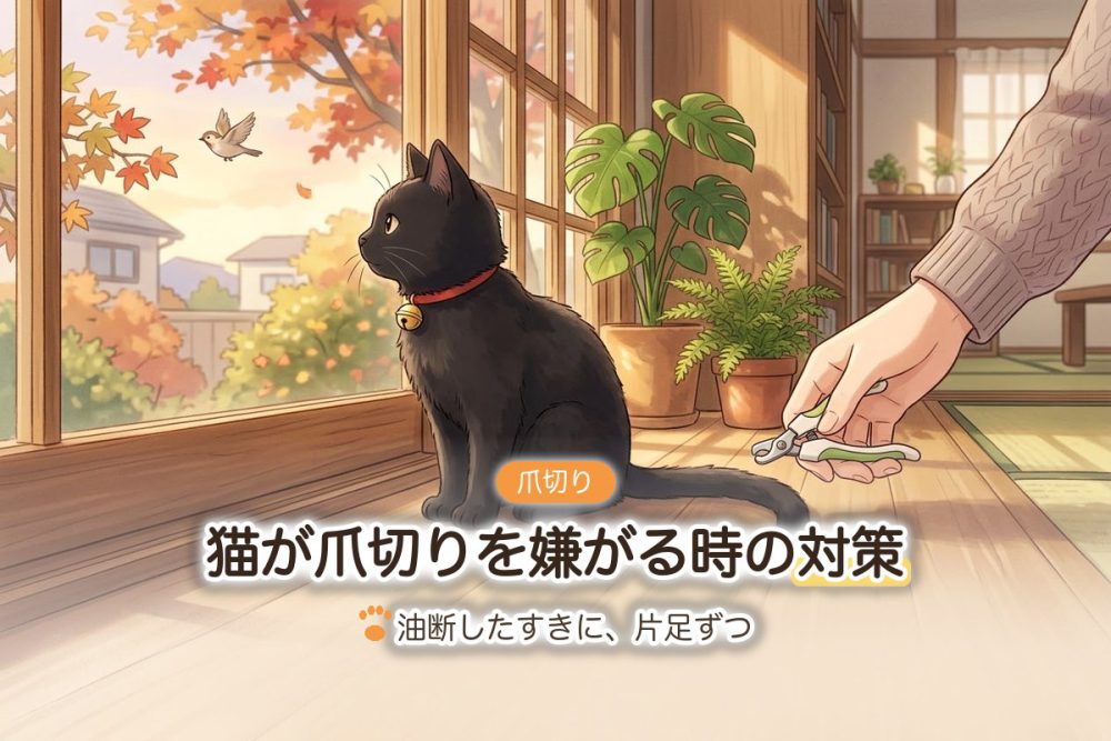 窓の外を見ている黒猫に、爪切りを持った手が近づくイラスト