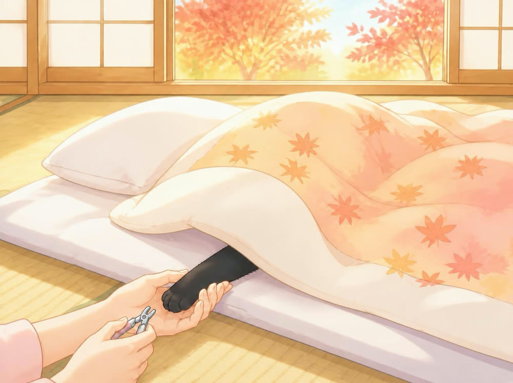 布団から出た黒猫の前足を手で支えて爪を切ろうとしているイラスト
