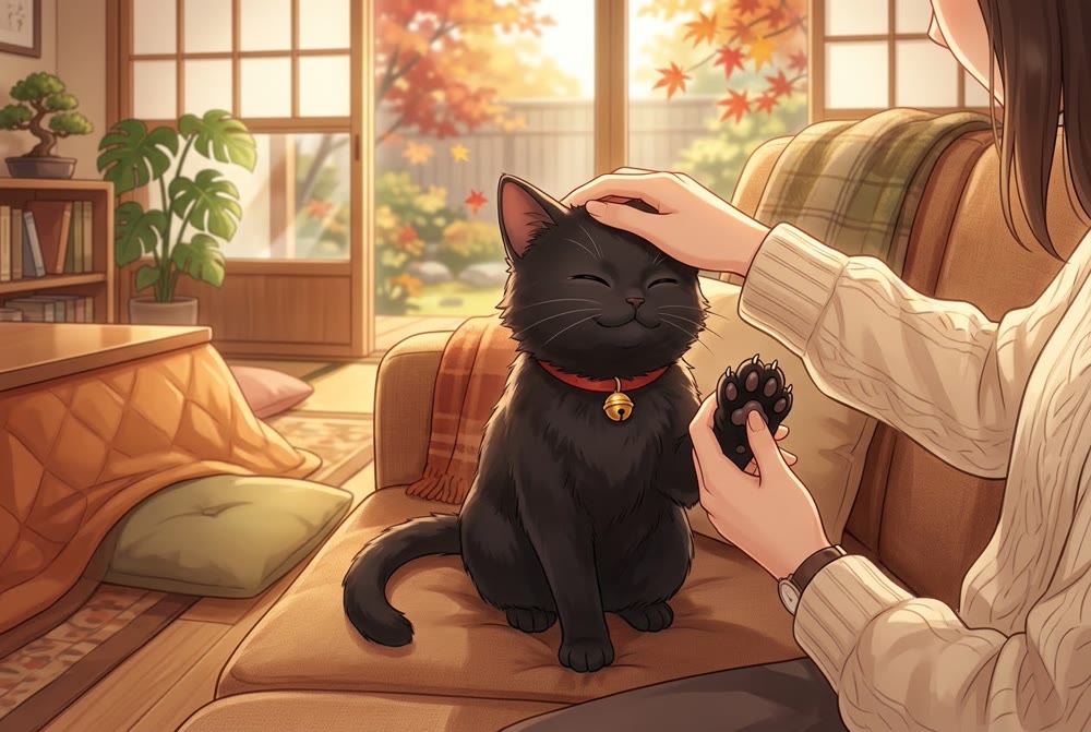飼い主になでられながら前足の爪をチェックされる黒猫のイラスト